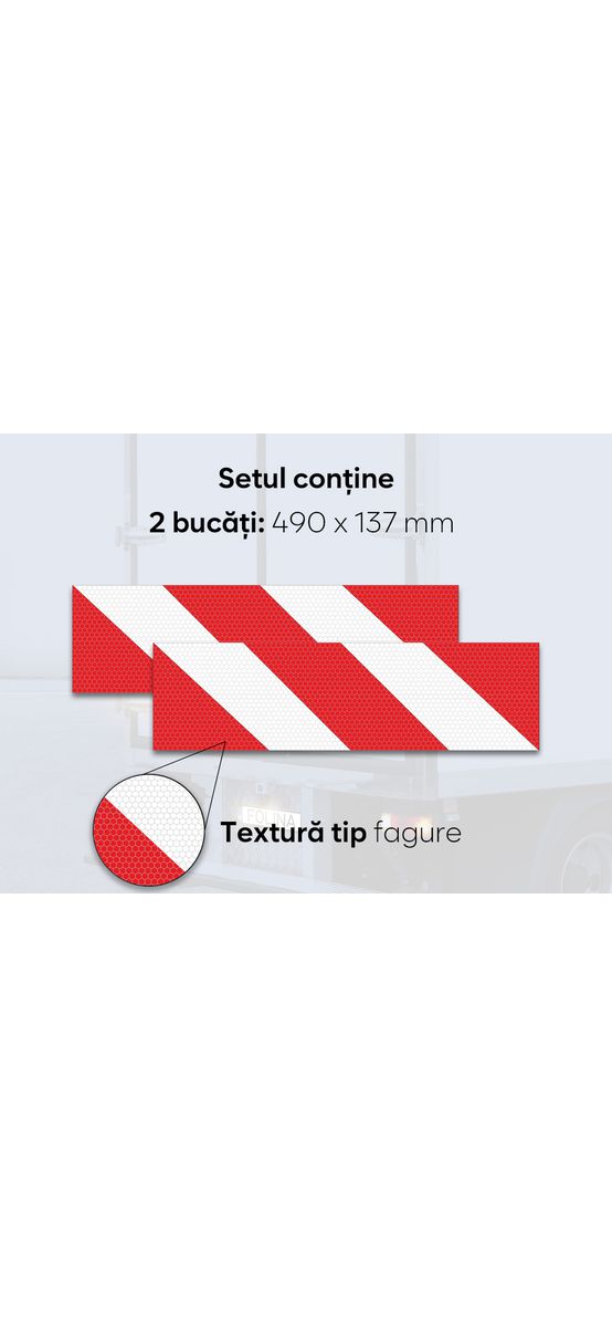 Benzi reflectorizante autoadezive dungate alb-roșu pentru siguranța rutieră, set 2 bucăți 490x137mm