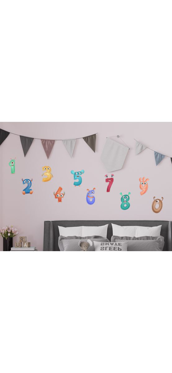 Set stickere cu numere, Folina, model monștri, planșă 100 x 30 cm, racletă de aplicare inclusă