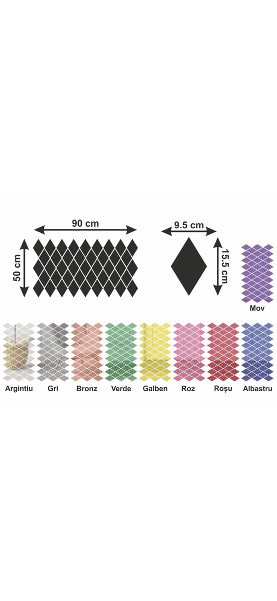 Set 43 Oglinzi acrilice romburi, Folina, argintii, 50x90 cm