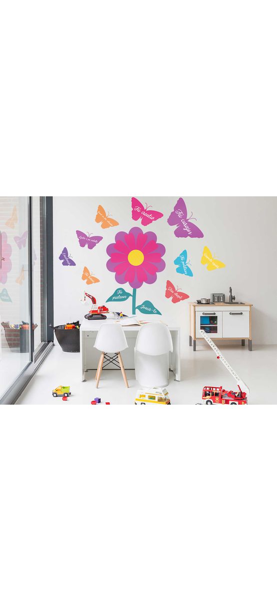 Sticker floare și fluturi cu mesaje, Folina, decor multicolor, 150 cm înălţime, racletă de aplicare inclusă