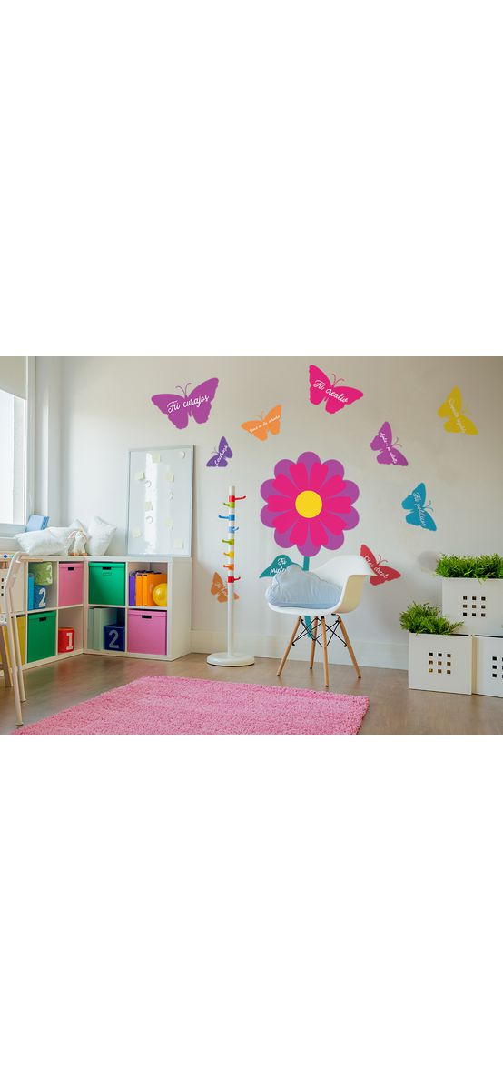 Sticker floare și fluturi cu mesaje, Folina, decor multicolor, 150 cm înălţime, racletă de aplicare inclusă