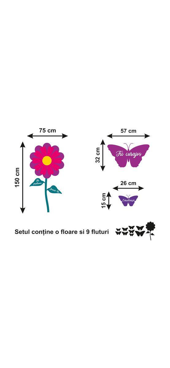 Sticker floare și fluturi cu mesaje, Folina, decor multicolor, 150 cm înălţime, racletă de aplicare inclusă