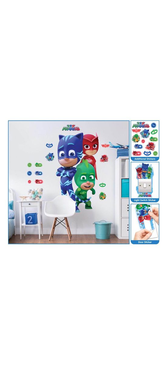 Mega Sticker Eroi în pijama PJ Masks, Walltastic, decorațiune multicoloră, set cu mai multe stickere