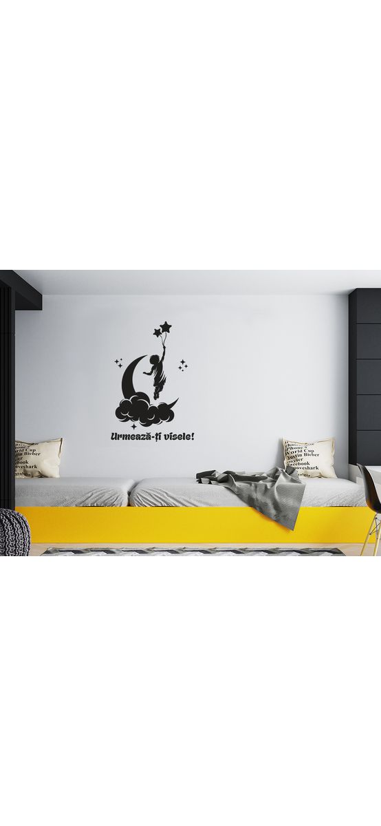 Sticker cameră copii, cu mesaj Urmează-ți visele, 100 x 69 cm, racletă de aplicare inclusă.