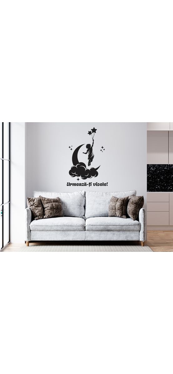 Sticker cameră copii, cu mesaj Urmează-ți visele, 100 x 69 cm, racletă de aplicare inclusă.