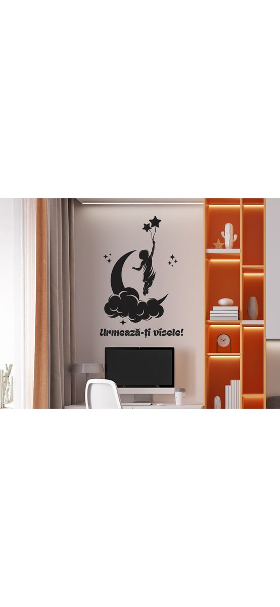 Sticker cameră copii, cu mesaj Urmează-ți visele, 100 x 69 cm, racletă de aplicare inclusă.