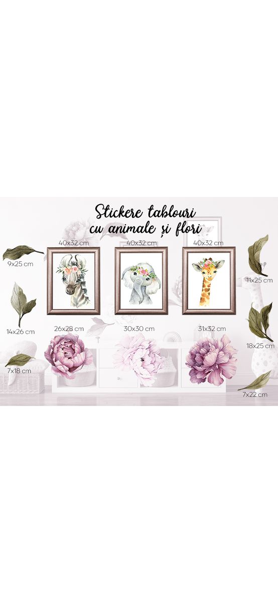 Set stickere tablouri cu animale și flori, Folina, planșă 100x100 cm, racletă de aplicare inclusă