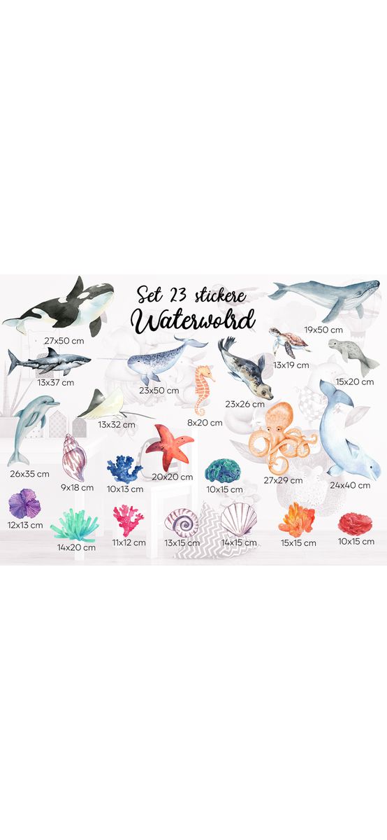 Set 23 stickere Waterworld, decoraţiune cu pești colorați și corali pentru camera copiilor, planșă de 120x120 cm, racletă de aplicare inclusă.