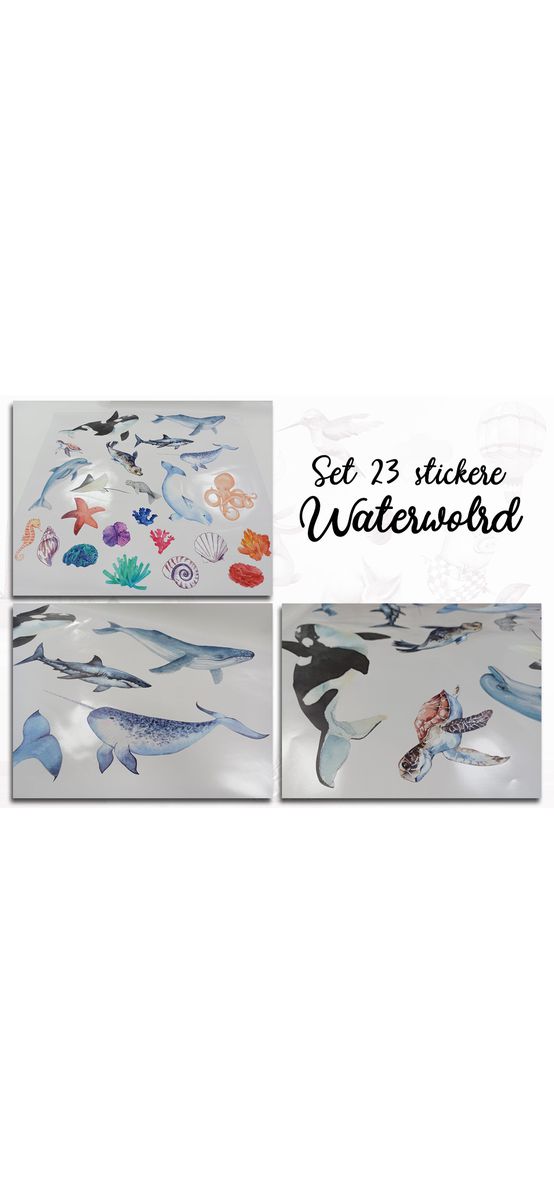 Set 23 stickere Waterworld, decoraţiune cu pești colorați și corali pentru camera copiilor, planșă de 120x120 cm, racletă de aplicare inclusă.