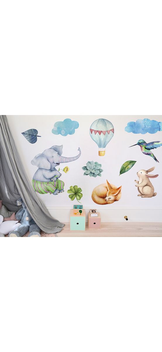 Set 25 stickere Wonderland, decoraţiune cu animale pentru camera copiilor, planșă de 120x120 cm, racletă de aplicare inclusă.