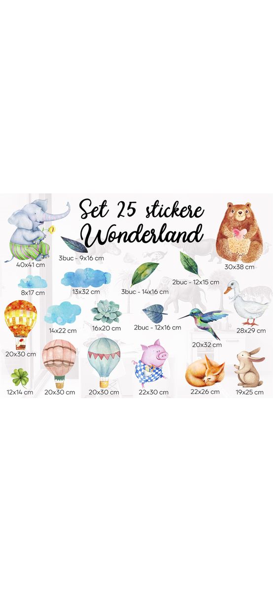 Set 25 stickere Wonderland, decoraţiune cu animale pentru camera copiilor, planșă de 120x120 cm, racletă de aplicare inclusă.