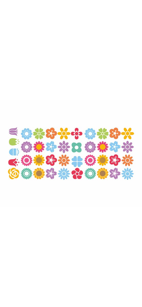 Set stickere perete model flori colorate pentru copii, Folina, planșa 120x50cm, racletă de aplicare inclusă.