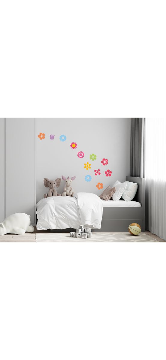 Set stickere perete model flori colorate pentru copii, Folina, planșa 120x50cm, racletă de aplicare inclusă.