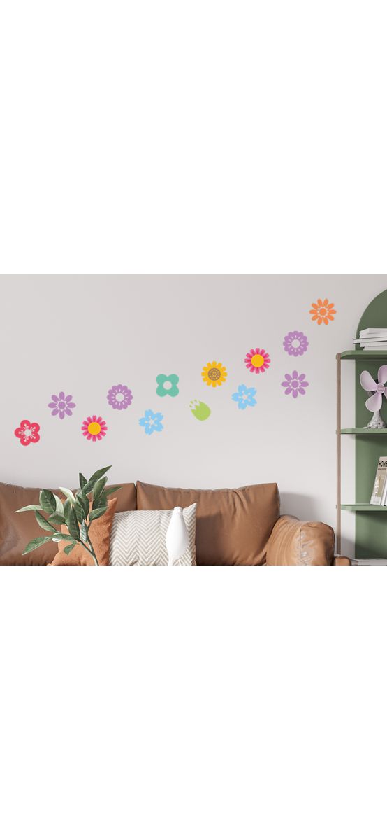Set stickere perete model flori colorate pentru copii, Folina, planșa 120x50cm, racletă de aplicare inclusă.