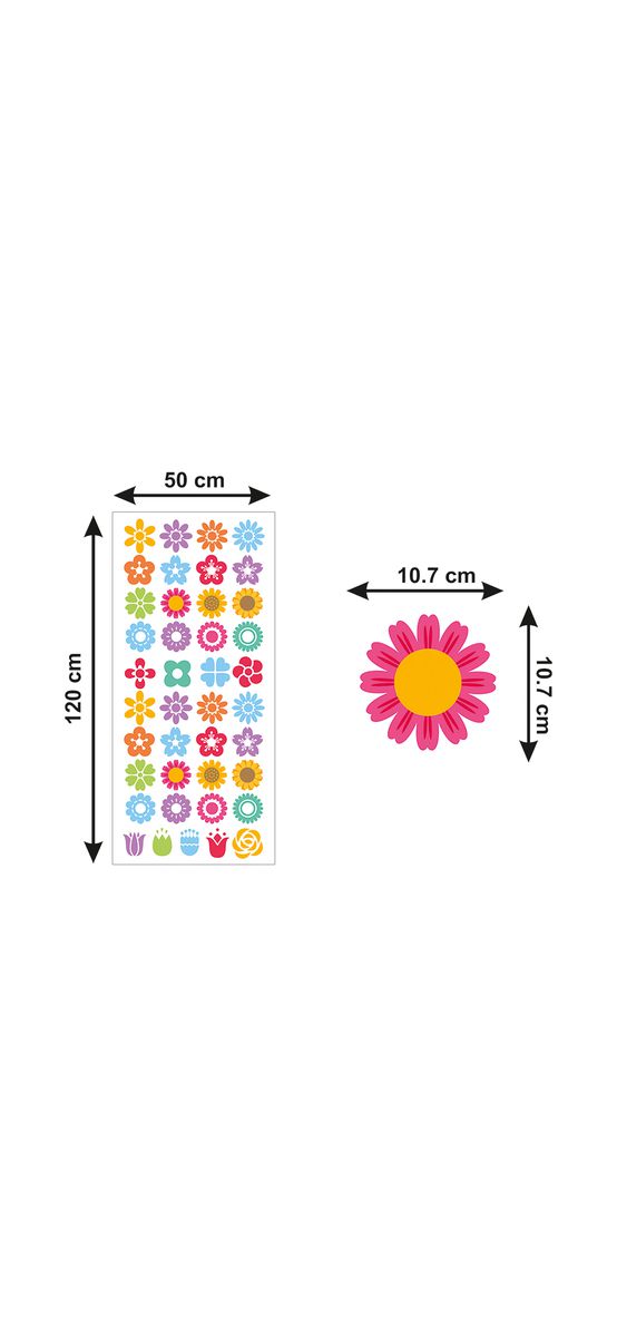 Set stickere perete model flori colorate pentru copii, Folina, planșa 120x50cm, racletă de aplicare inclusă.