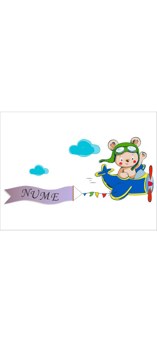 Sticker avion cu banner nume copil, Folina, decorațiune pentru copii, sticker autoadeziv, racletă de aplicare inclusă.