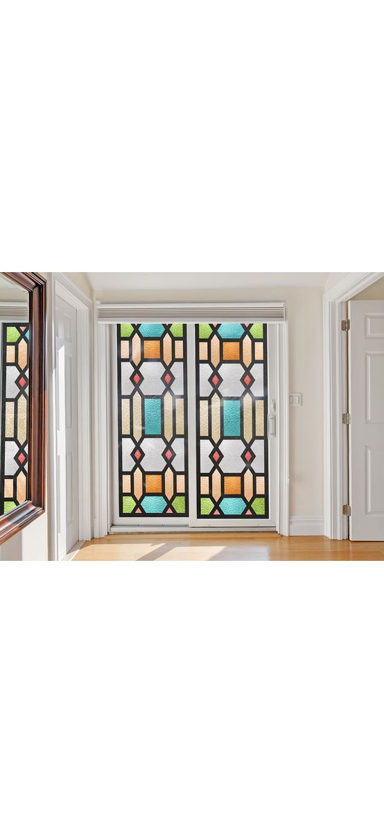 Folie sablare uşă din sticlă, Folina, vitraliu multicolor, rolă de 100x210 cm, cu racletă aplicare şi cutter incluse