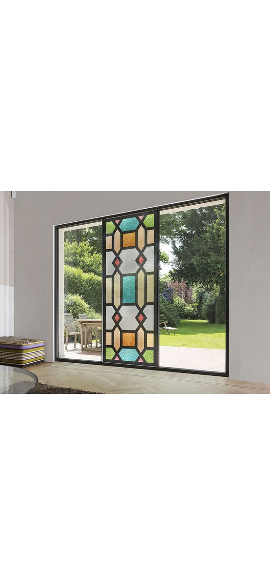 Folie sablare uşă din sticlă, Folina, vitraliu multicolor, rolă de 100x210 cm, cu racletă aplicare şi cutter incluse
