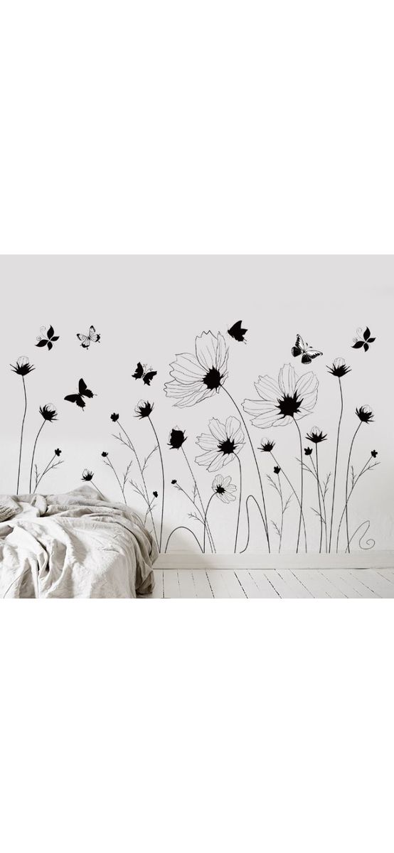 Sticker perete Flora, flori grafice şi fluturi negri, 62x85 cm