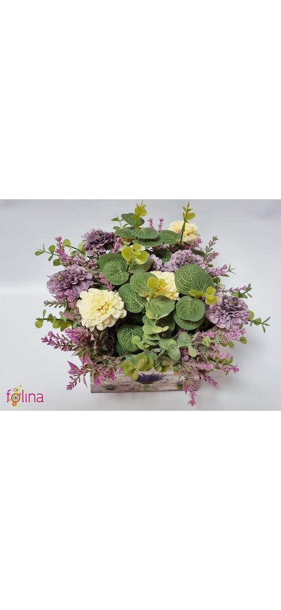 Aranjament cu flori şi plante artificiale, Folina, în cutie decorativă lila