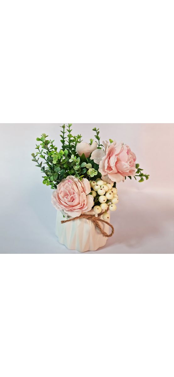 Aranjament flori artificiale, bujori roz în vas ceramic alb, 20 cm