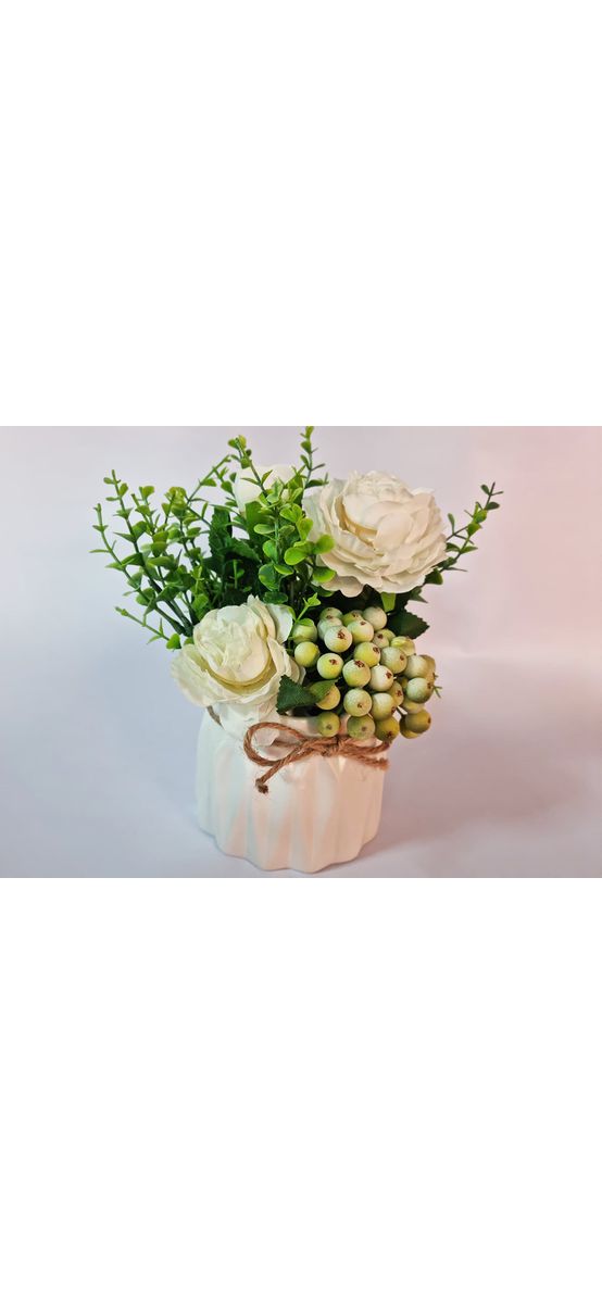 Aranjament flori artificiale, bujori albi în vas ceramic alb, 20 cm