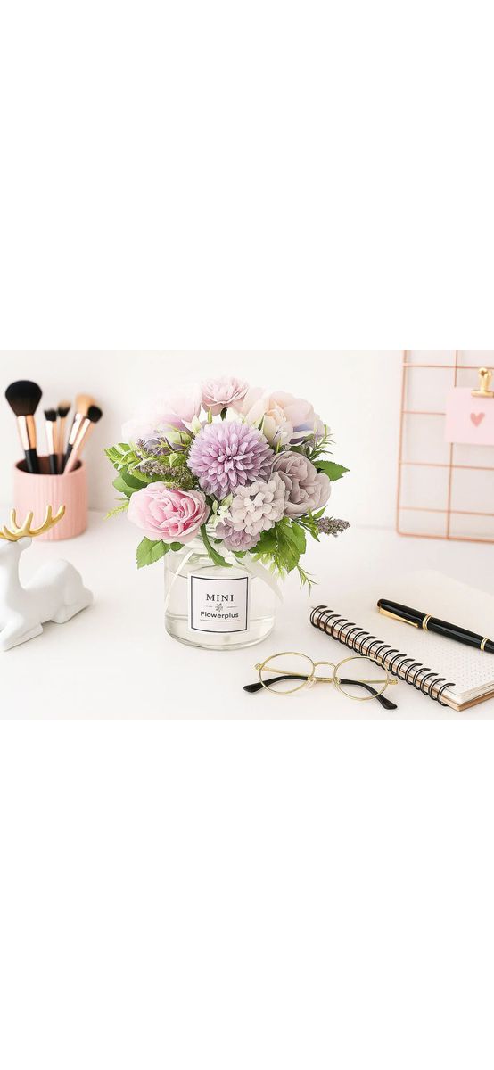 Aranjament flori artificiale lila în vas din sticlă, 23 cm