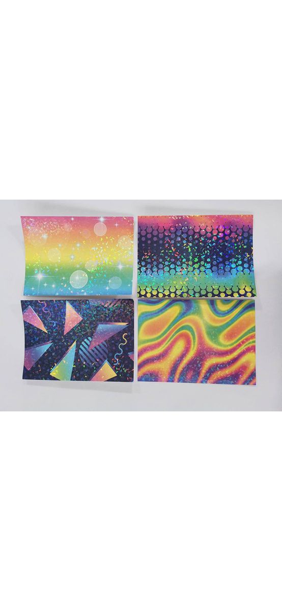 Set 12 coli A4 Folie holografică, autoadezive, diferite modele multicolore, racletă de aplicare inclusă.