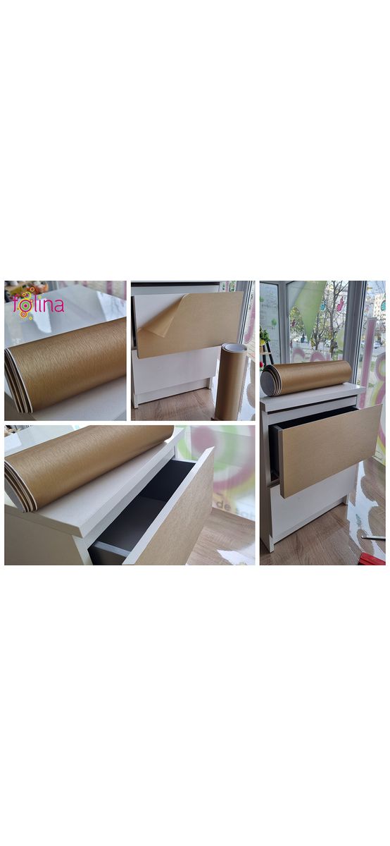 Autocolant auriu mat cu efect metalic Brushed, folie autoadezivă bubblefree, rolă de 152x250 cm, cu racletă pentru aplicare