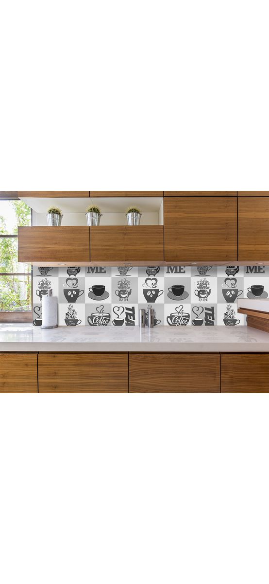 Autocolant perete bucătărie Coffee Break gri, Folina, rezistent la apă şi căldură, rolă de 67x200 cm