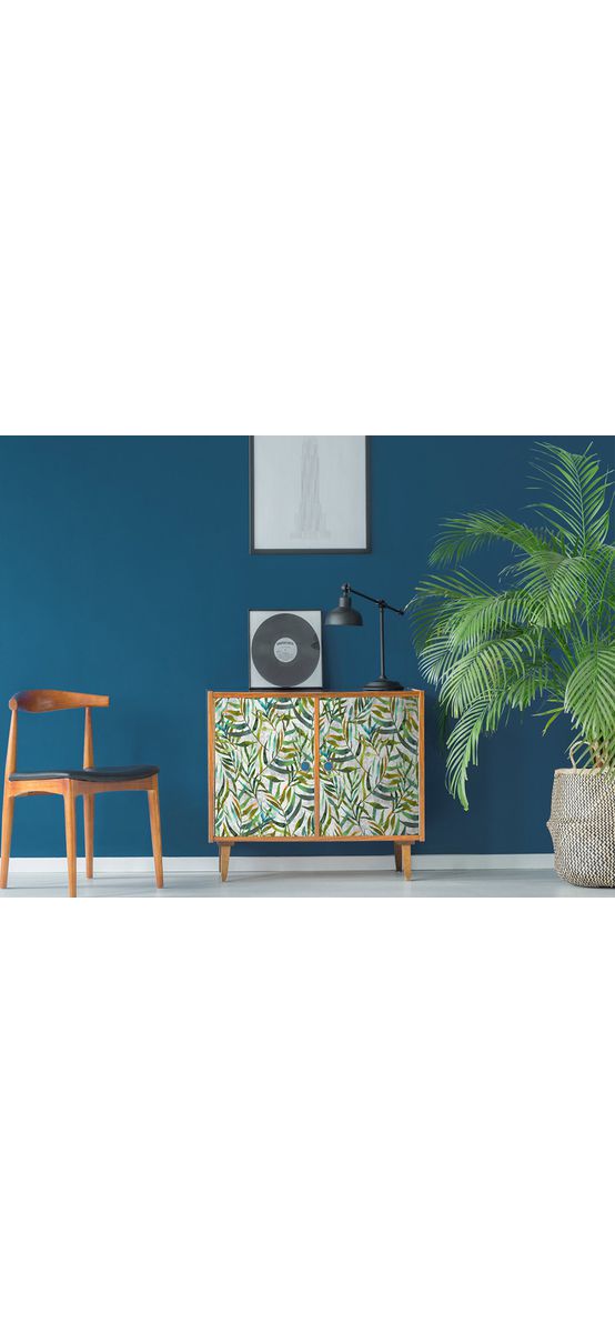 Autocolant mobilă decorativ Lorina, d-c-fix, gri cu imprimeu frunze verzi, rolă de 45 cm x 5 metri, cu racletă şi cutter
