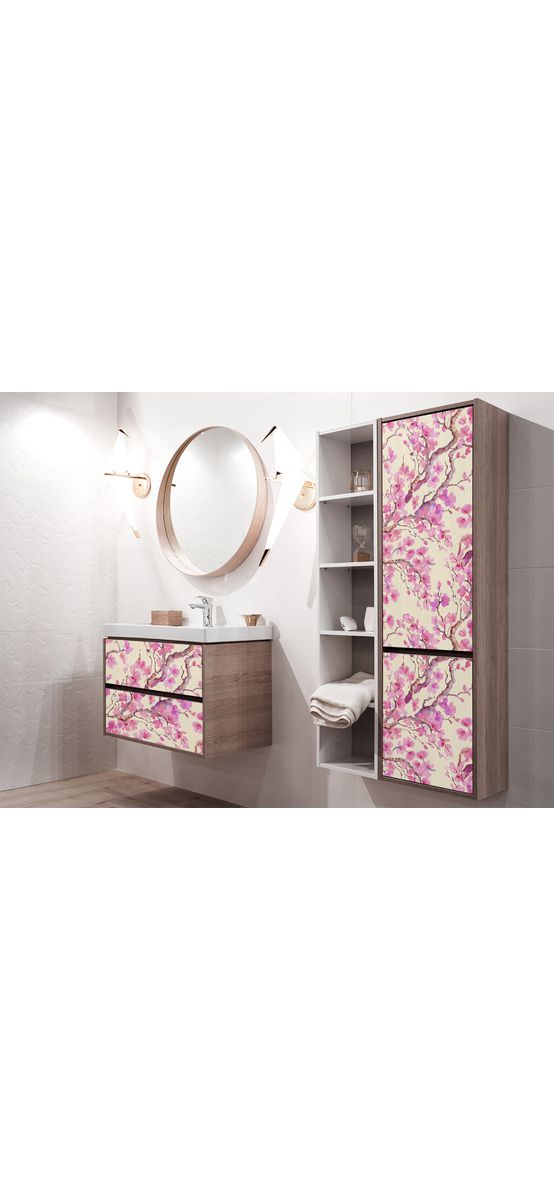 Autocolant mobilă decorativ, Folina, alb cu model crengi înflorite roz, 100 cm lăţime