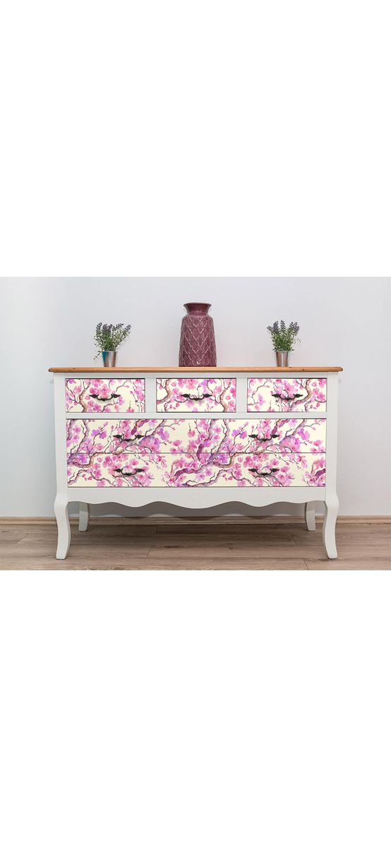 Autocolant mobilă decorativ, Folina, alb cu model crengi înflorite roz, 100 cm lăţime