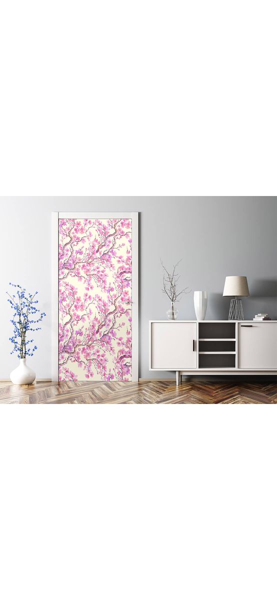 Autocolant mobilă decorativ, Folina, alb cu model crengi înflorite roz, 100 cm lăţime