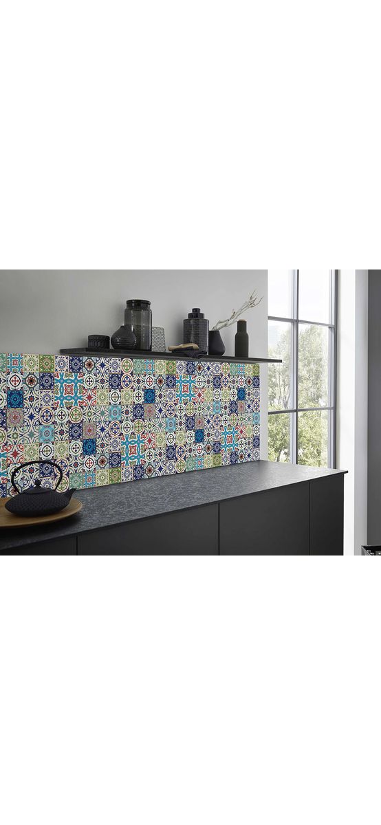 Autocolant perete imitaţie faianţă decorativă colorată, Folina Patchwork Blue, rezistent la apă şi căldură, rolă 67x200 cm