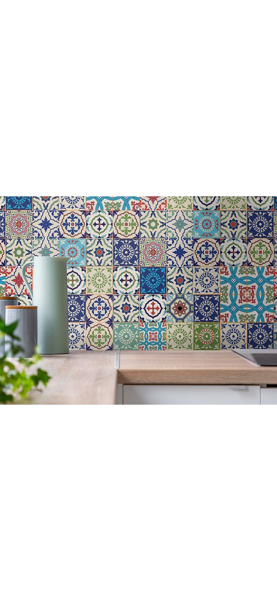 Autocolant perete imitaţie faianţă decorativă colorată, Folina Patchwork Blue, rezistent la apă şi căldură, rolă 67x200 cm