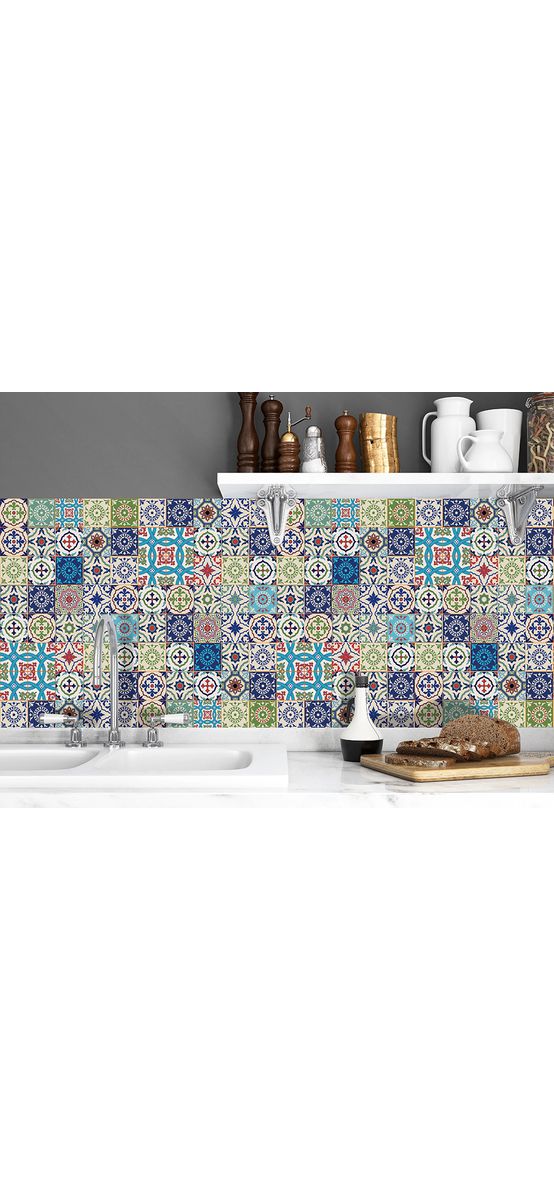 Autocolant perete imitaţie faianţă decorativă colorată, Folina Patchwork Blue, rezistent la apă şi căldură, rolă 67x200 cm