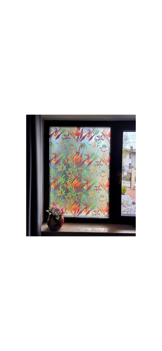 Folie autoadezivă decorativă pentru geam, sablare cu model tropical floral – 90 cm lățime, la metru liniar