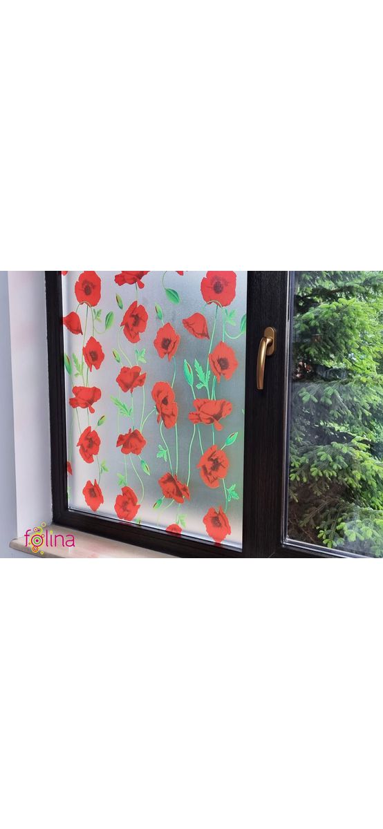 Folie geam autoadezivă, Folina Maci, sablare cu imprimeu floral roşu, 90 cm lățime