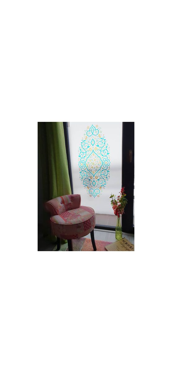 Folie geam autoadezivă Olivia, Folina, sablare cu model floral turcoaz, rolă de 100x150 cm