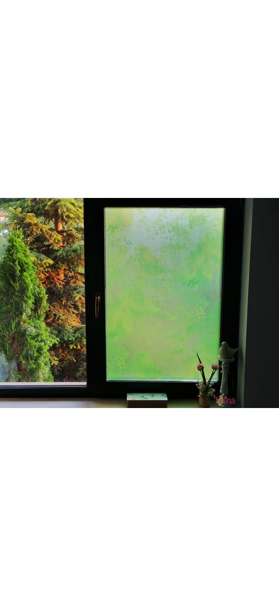 Folie geam autoadezivă, Folina Summer, sablare verde cu imprimeu frunze, 90 cm lățimea rolei
