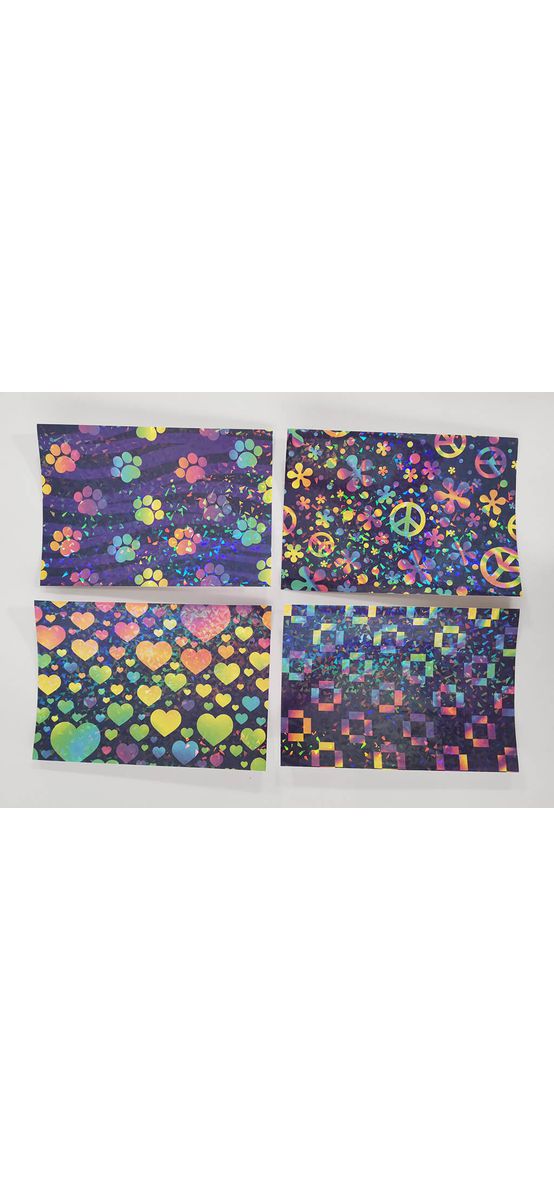 Set 12 coli A4 Folie holografică, autoadezive, diferite modele multicolore, racletă de aplicare inclusă.