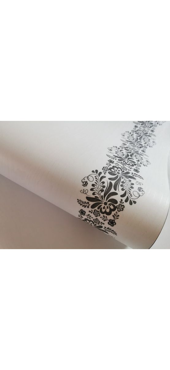 Autocolant mobilă Bella, Folina, imitaţie lemn alb, model floral gri, 120 cm lăţime