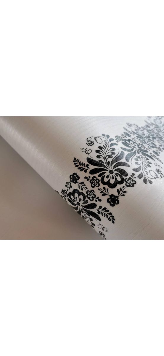 Autocolant mobilă Bella, Folina, imitaţie lemn alb, model floral negru, 120 cm lăţime