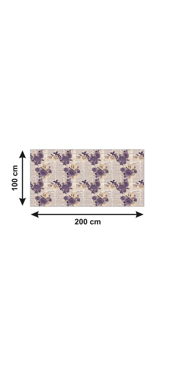 Autocolant blat masă, model ziar cu flori violet, 100 x 200 cm, racletă inclusă