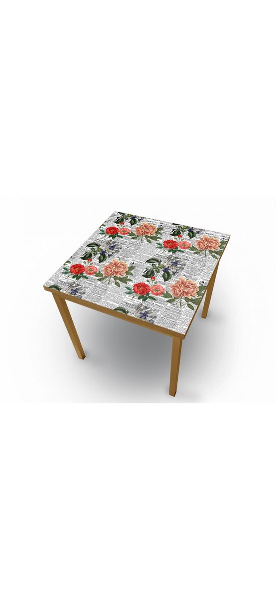Autocolant blat masă, model ziar cu flori multicolor, 100 x 200 cm, racletă inclusă