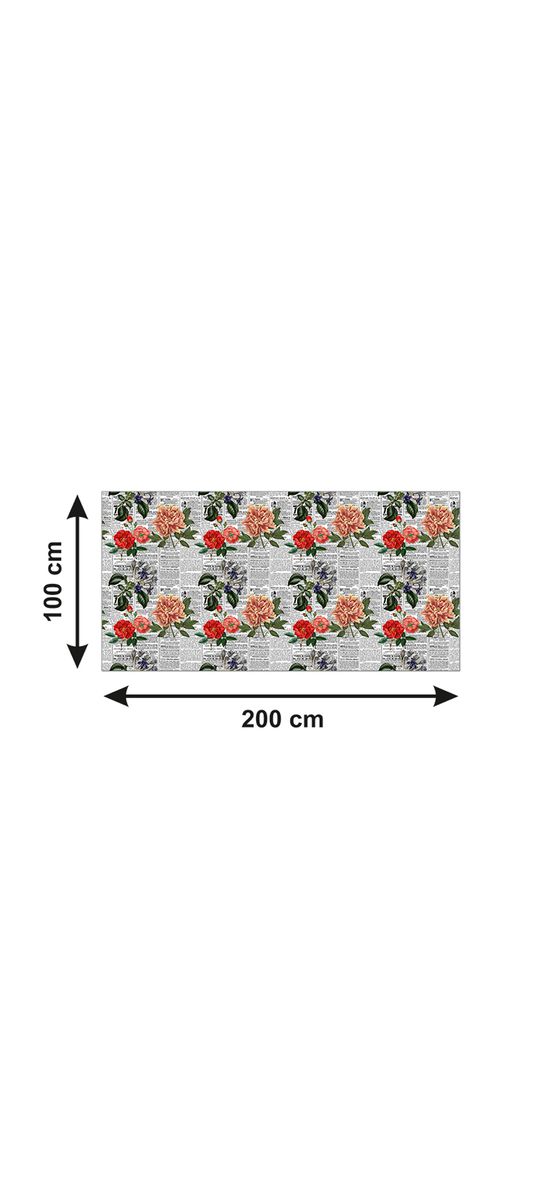 Autocolant blat masă, model ziar cu flori multicolor, 100 x 200 cm, racletă inclusă