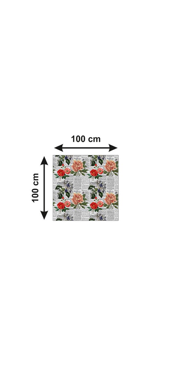 Autocolant blat masă, model ziar cu flori multicolor, 100 x 100 cm, racletă inclusă