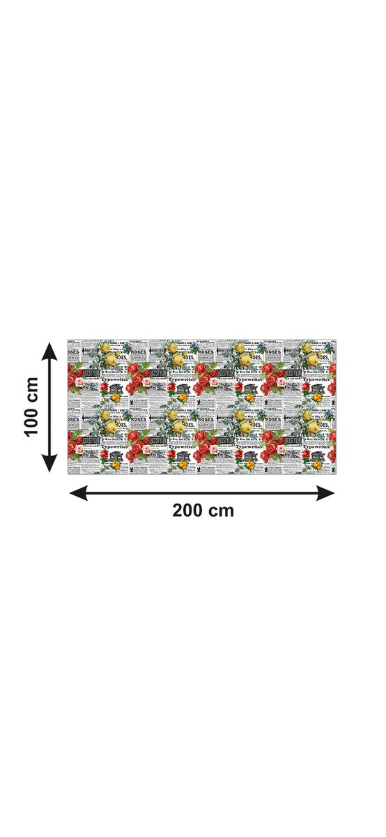 Autocolant blat masă, model ziar cu flori roșii și galbene, 100 x 200 cm, racletă inclusă