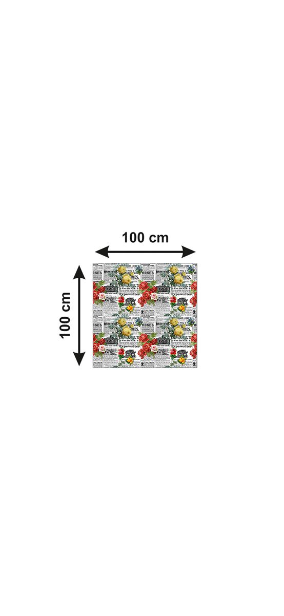 Autocolant blat masă, model ziar cu flori roșii și galbene, 100 x 100 cm, racletă inclusă